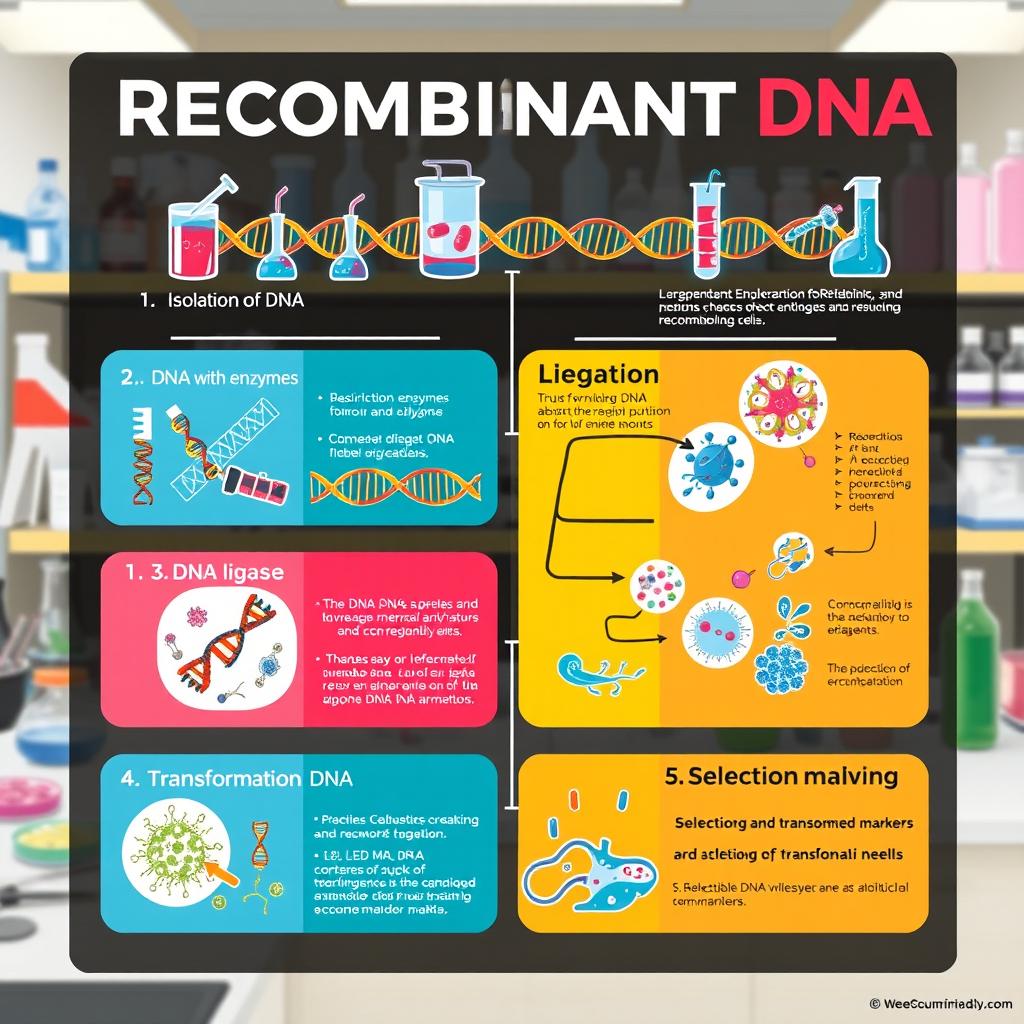 A colorful and informative poster illustrating the steps and methods involved in recombinant DNA technology