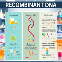 A colorful and informative poster illustrating the steps and methods involved in recombinant DNA technology