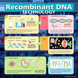 A colorful and informative poster illustrating the steps and methods involved in recombinant DNA technology