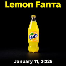 An advertising poster for Fanta featuring a lemon-flavored soft drink standing flat on a dark surface