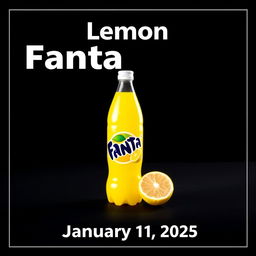 An advertising poster for Fanta featuring a lemon-flavored soft drink standing flat on a dark surface