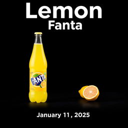 An advertising poster for Fanta featuring a lemon-flavored soft drink standing flat on a dark surface