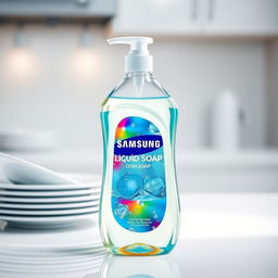 A fictional liquid dish soap product from Samsung, featuring an elegant and innovative bottle design that reflects the company's modern aesthetic