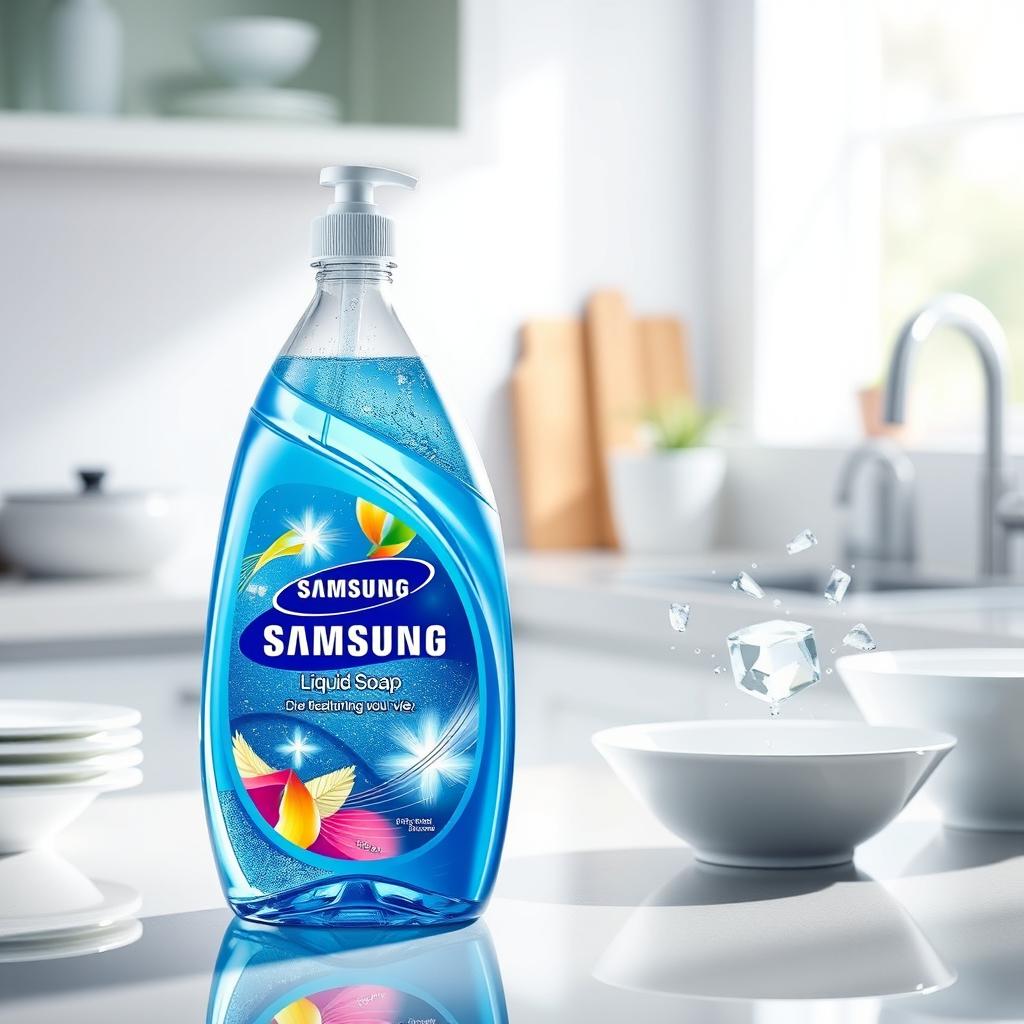 A fictional liquid dish soap product from Samsung, featuring an elegant and innovative bottle design that reflects the company's modern aesthetic