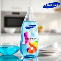 A fictional liquid dish soap product from Samsung, featuring an elegant and innovative bottle design that reflects the company's modern aesthetic