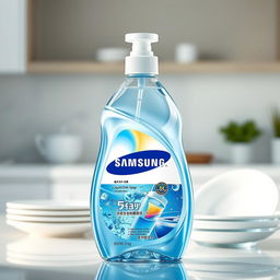 A fictional liquid dish soap product from Samsung, featuring an elegant and innovative bottle design that reflects the company's modern aesthetic