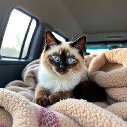 A Himalayan seal point cat named Bowie, with striking blue eyes and soft, fluffy coat, comfortably sitting inside a closed van, surrounded by warm and cozy blankets