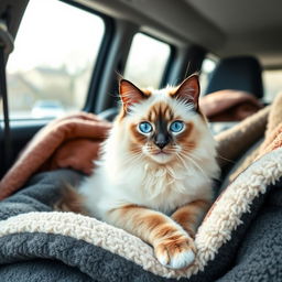 A Himalayan seal point cat named Bowie, with striking blue eyes and soft, fluffy coat, comfortably sitting inside a closed van, surrounded by warm and cozy blankets