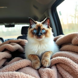 A Himalayan seal point cat named Bowie, with striking blue eyes and soft, fluffy coat, comfortably sitting inside a closed van, surrounded by warm and cozy blankets