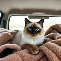 A Himalayan seal point cat named Bowie, with striking blue eyes and soft, fluffy coat, comfortably sitting inside a closed van, surrounded by warm and cozy blankets