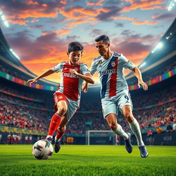 A vibrant, high-energy soccer scene featuring a dynamic interaction between Jude Bellingham and Cristiano Ronaldo on a lush green pitch