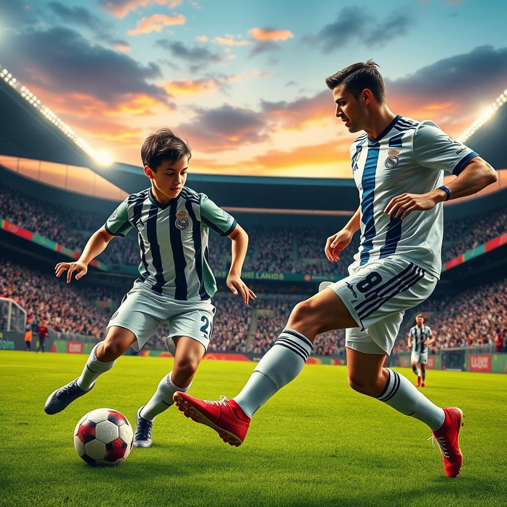 A vibrant, high-energy soccer scene featuring a dynamic interaction between Jude Bellingham and Cristiano Ronaldo on a lush green pitch