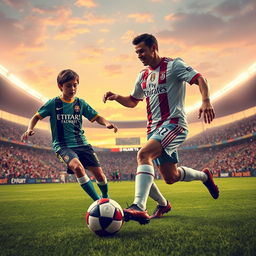 A vibrant, high-energy soccer scene featuring a dynamic interaction between Jude Bellingham and Cristiano Ronaldo on a lush green pitch