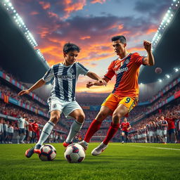 A vibrant, high-energy soccer scene featuring a dynamic interaction between Jude Bellingham and Cristiano Ronaldo on a lush green pitch