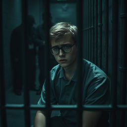 A young man with dark blonde hair and glasses, looking distressed, sitting alone in a dimly-lit jail cell