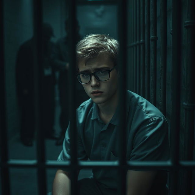 A young man with dark blonde hair and glasses, looking distressed, sitting alone in a dimly-lit jail cell