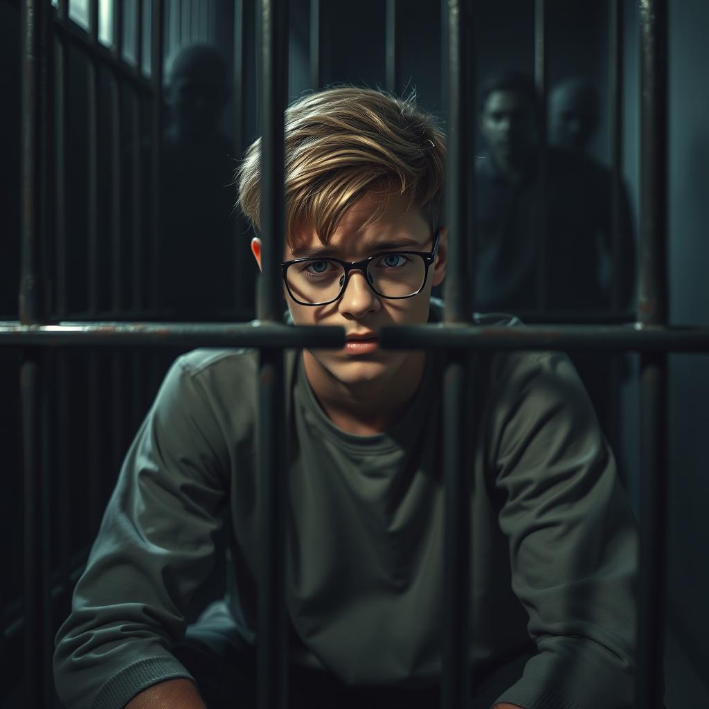 A young man with dark blonde hair and glasses, looking distressed, sitting alone in a dimly-lit jail cell
