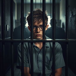 A young man with dark blonde hair and glasses, looking distressed, sitting alone in a dimly-lit jail cell