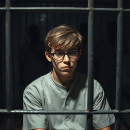 A young man with dark blonde hair and glasses, looking distressed, sitting alone in a dimly-lit jail cell