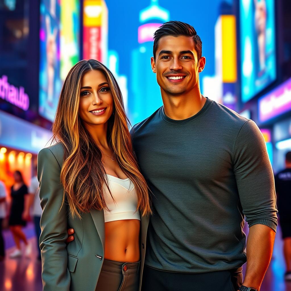 A stunning portrait of Lara Roese and Ronaldo together in a vibrant, dynamic setting