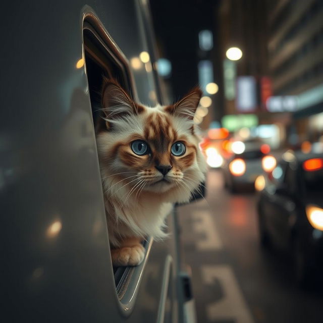 A Himalayan seal point cat named Bowie, with luxurious fluffy fur and captivating blue eyes, peering out curiously from a small crack in the side of a closed van