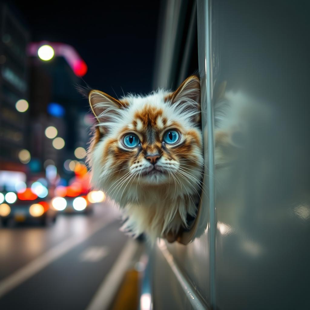 A Himalayan seal point cat named Bowie, with luxurious fluffy fur and captivating blue eyes, peering out curiously from a small crack in the side of a closed van