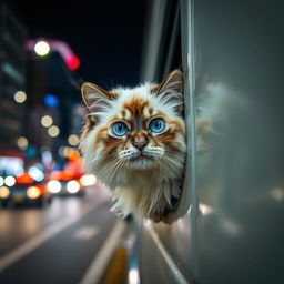 A Himalayan seal point cat named Bowie, with luxurious fluffy fur and captivating blue eyes, peering out curiously from a small crack in the side of a closed van
