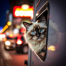 A Himalayan seal point cat named Bowie, with luxurious fluffy fur and captivating blue eyes, peering out curiously from a small crack in the side of a closed van