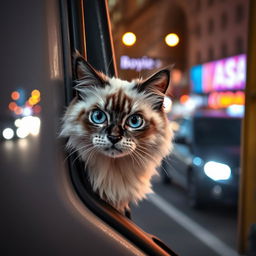 A Himalayan seal point cat named Bowie, with luxurious fluffy fur and captivating blue eyes, peering out curiously from a small crack in the side of a closed van