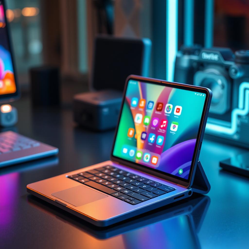 A futuristic foldable smartphone that transforms into a laptop, showcasing a sleek design with a vibrant display