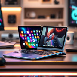 A futuristic foldable smartphone that transforms into a laptop, showcasing a sleek design with a vibrant display