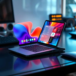 A futuristic foldable smartphone that transforms into a laptop, showcasing a sleek design with a vibrant display