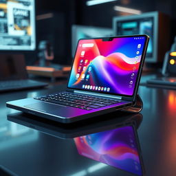 A futuristic foldable smartphone that transforms into a laptop, showcasing a sleek design with a vibrant display
