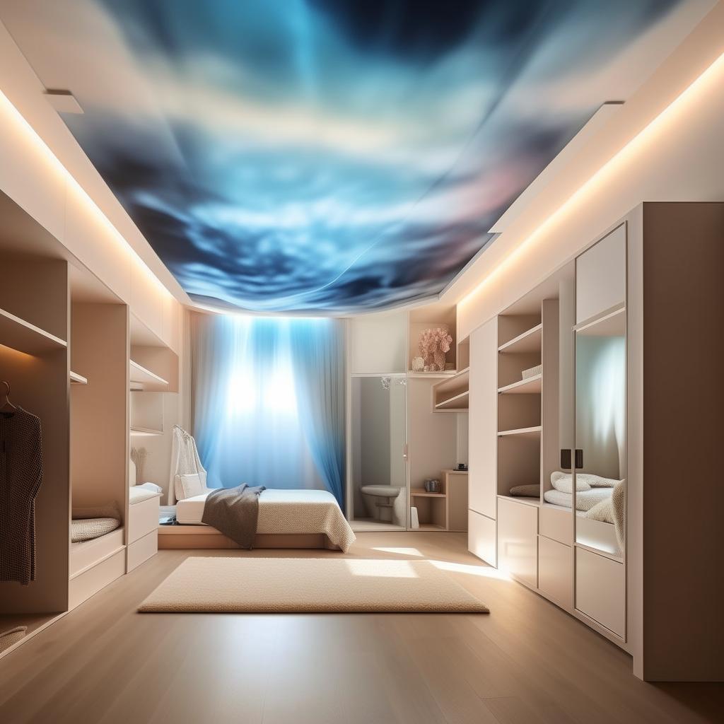 Render a large room with a skies-like ceiling. A centrally positioned bed is attached to the wall, near a partial-wall-sized mirror and a large, compartmentalized wardrobe. The floor is covered with a soft mat, while a wall waterfall faces the bed. One wall is empty with a playful light-dark gradient. Include an expansive study table and numerous shelves on a wall.