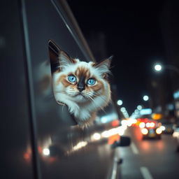 A beautiful Himalayan seal point cat named Bowie, characterized by his fluffy coat and mesmerizing blue eyes, peering out anxiously from a small crack in a closed van