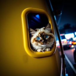 A beautiful Himalayan seal point cat named Bowie, characterized by his fluffy coat and mesmerizing blue eyes, peering out anxiously from a small crack in a closed van