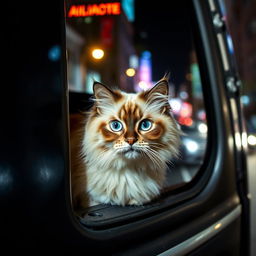 A beautiful Himalayan seal point cat named Bowie, characterized by his fluffy coat and mesmerizing blue eyes, peering out anxiously from a small crack in a closed van