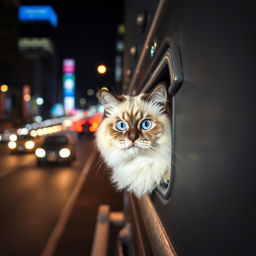 A beautiful Himalayan seal point cat named Bowie, characterized by his fluffy coat and mesmerizing blue eyes, peering out anxiously from a small crack in a closed van