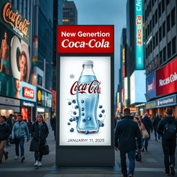 An advertising poster for Coca-Cola situated in the middle of a bustling city street