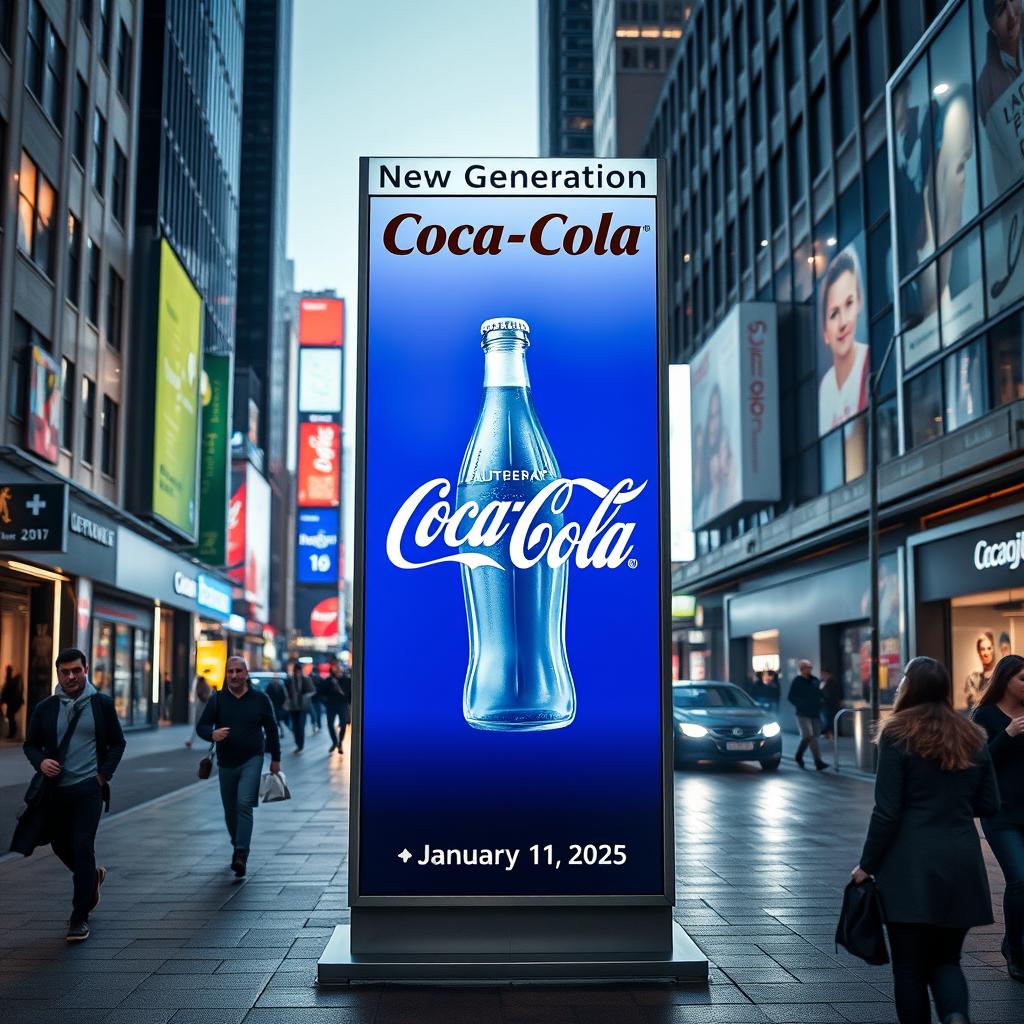 An advertising poster for Coca-Cola situated in the middle of a bustling city street