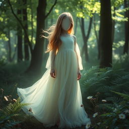 A mysterious, faceless girl wearing a flowing, ethereal dress in a tranquil forest setting