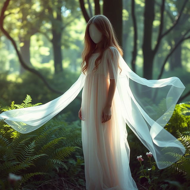 A mysterious, faceless girl wearing a flowing, ethereal dress in a tranquil forest setting