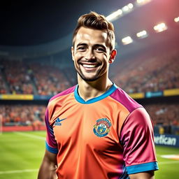 A stunning portrait of a football player resembling a famous athlete, showcasing a charismatic smile and athletic physique