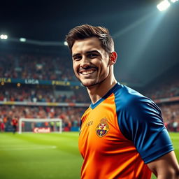 A stunning portrait of a football player resembling a famous athlete, showcasing a charismatic smile and athletic physique