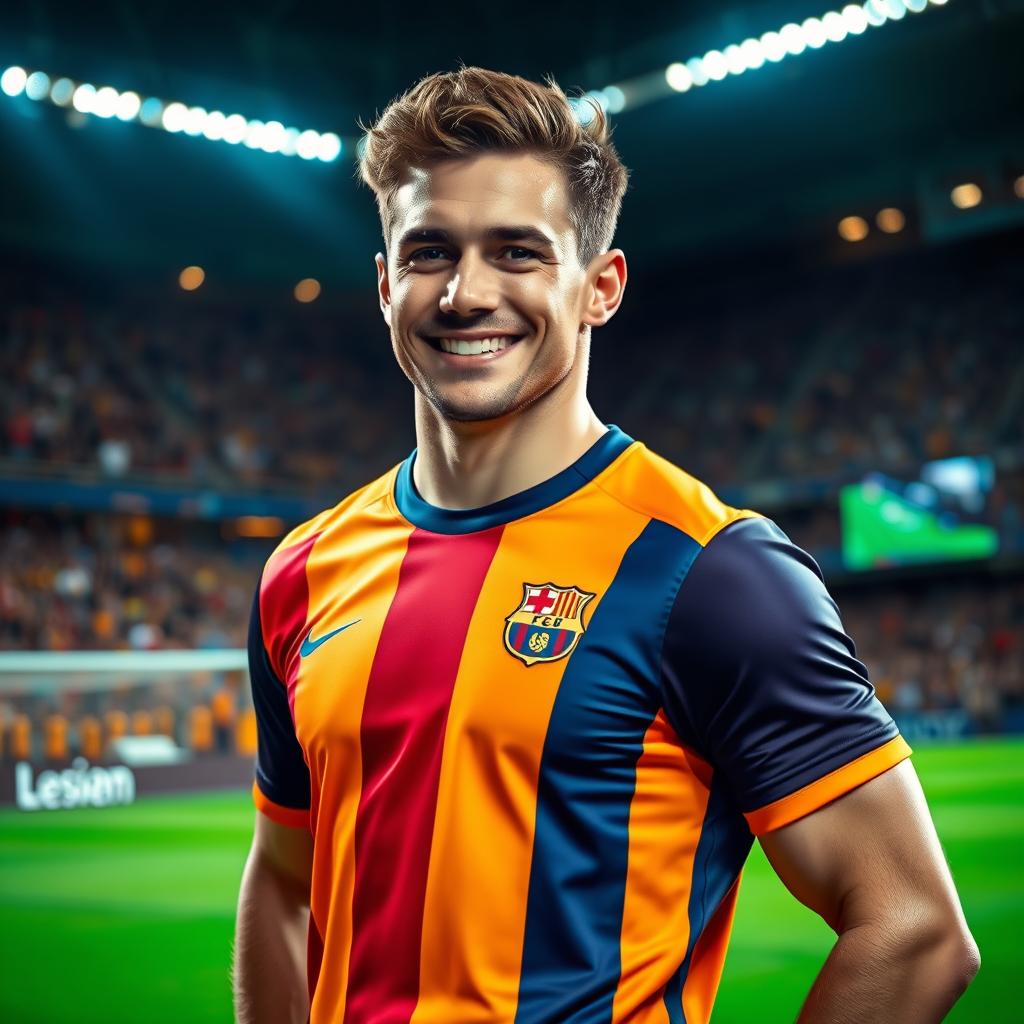 A stunning portrait of a football player resembling a famous athlete, showcasing a charismatic smile and athletic physique