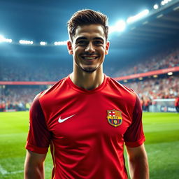 A stunning portrait of a football player resembling a famous athlete, showcasing a charismatic smile and athletic physique