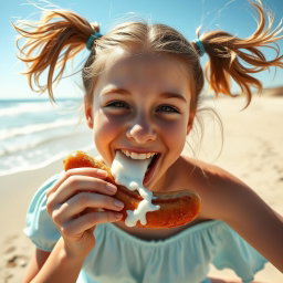 A scene capturing a teen girl with playful ponytails, happily enjoying a delicious sausage on a sunny beach
