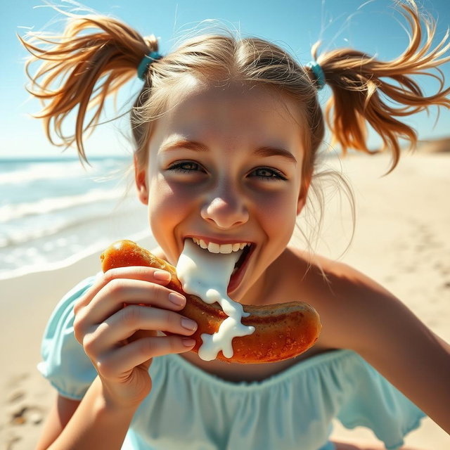 A scene capturing a teen girl with playful ponytails, happily enjoying a delicious sausage on a sunny beach