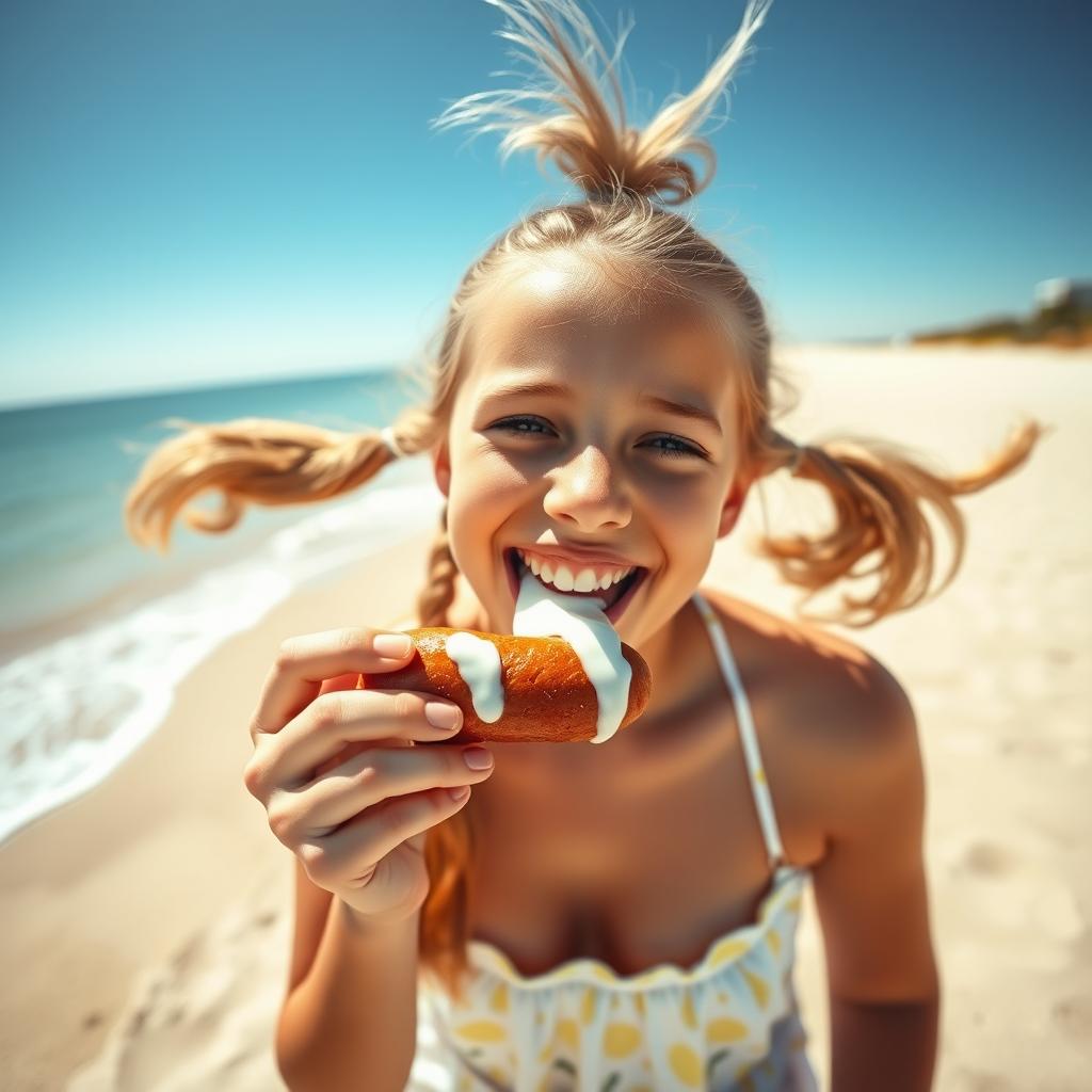 A scene capturing a teen girl with playful ponytails, happily enjoying a delicious sausage on a sunny beach