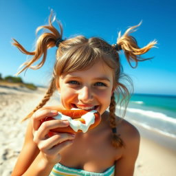 A scene capturing a teen girl with playful ponytails, happily enjoying a delicious sausage on a sunny beach
